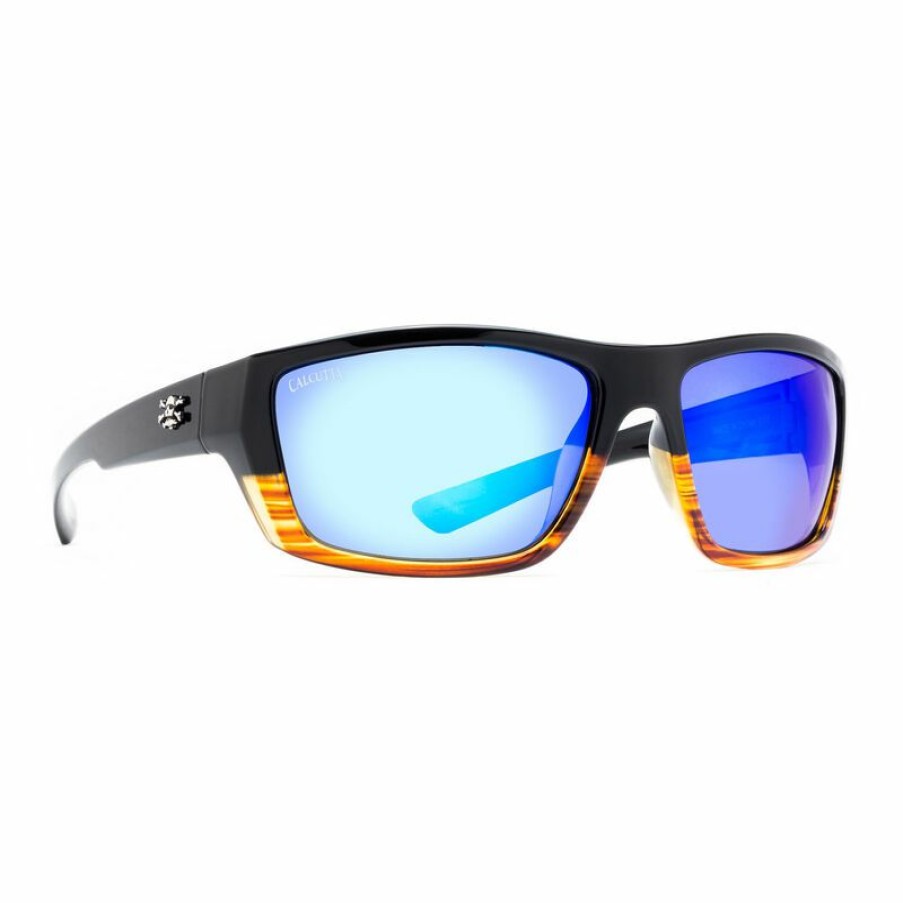 Men'S Accessories * | Calcutta Men'S Shock Sunglasses Shiny Black/Woodgrain/Blue Mirror