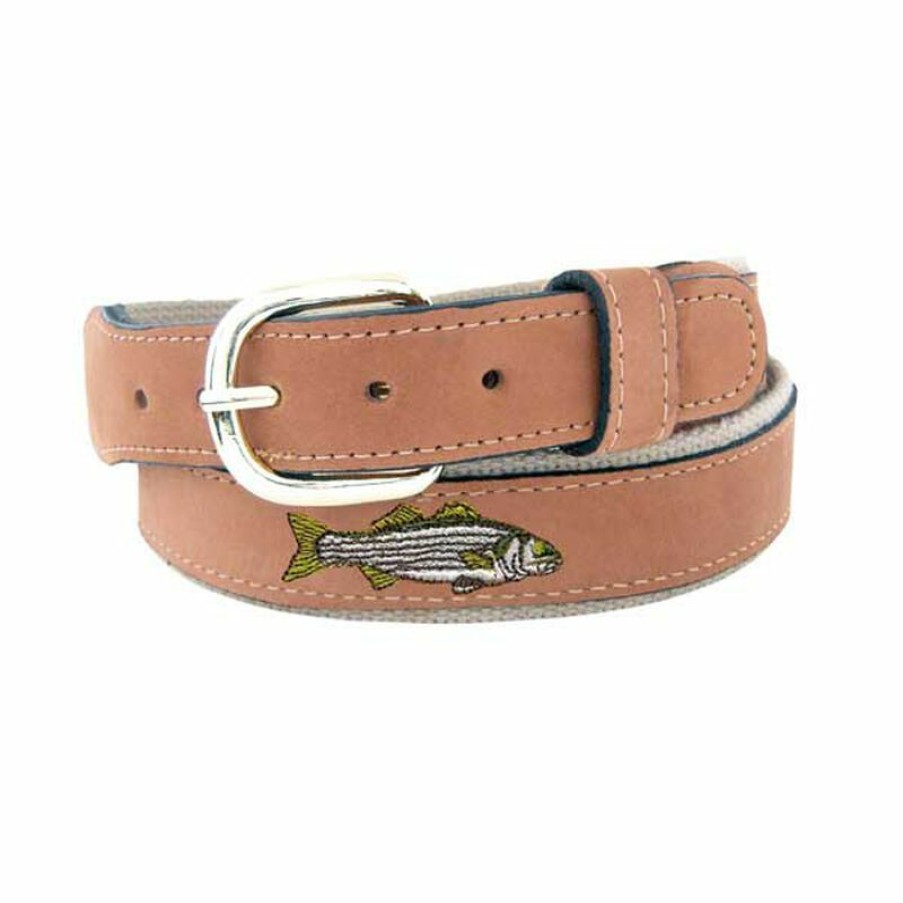 Men'S Accessories * | West Marine Men'S Embroidered Striped Bass Belt Tan