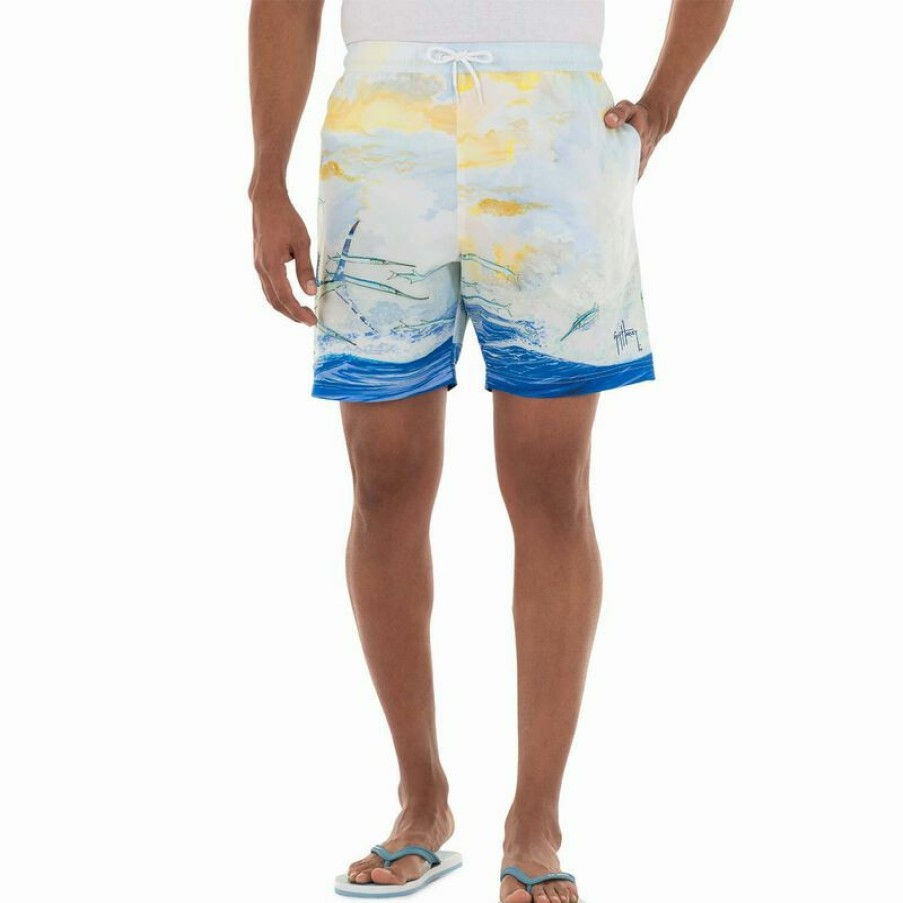 Men'S Swimwear * | Guy Harvey Men'S Sunrise Sailfish Swim Trunks Powder Blue