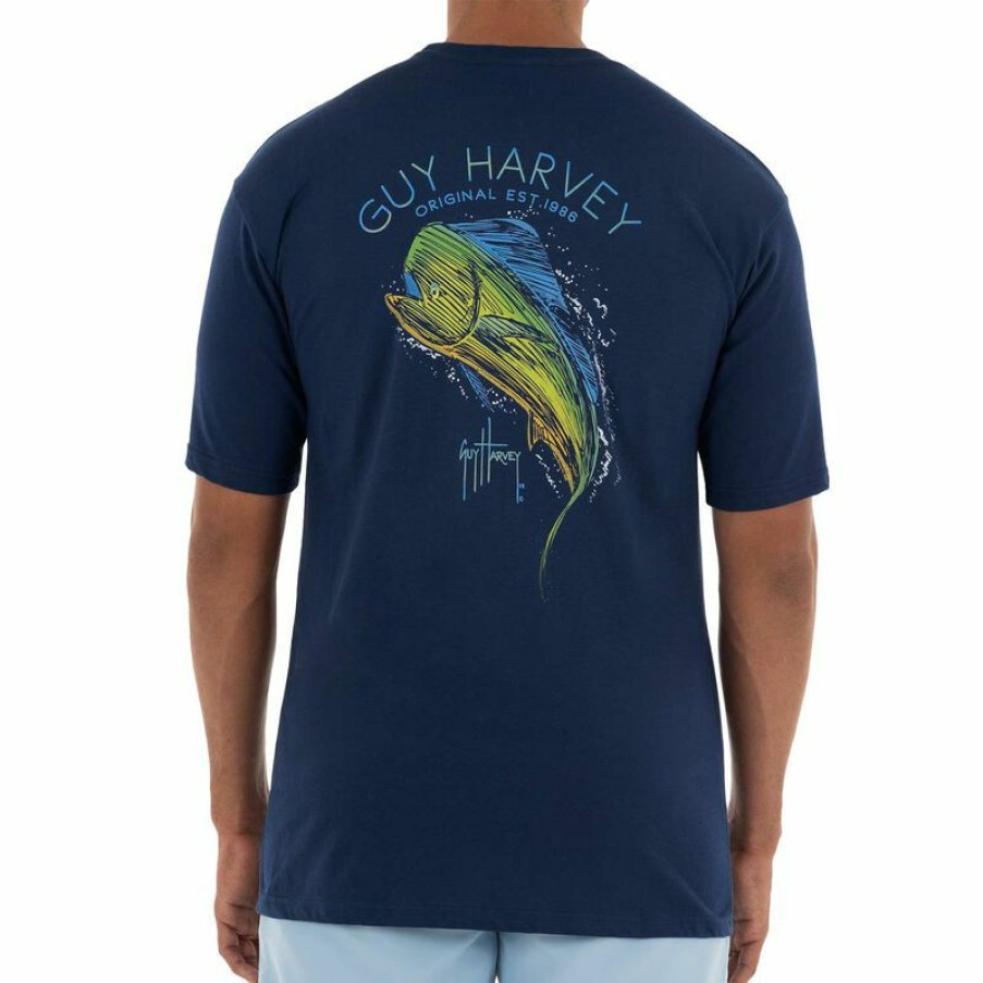 Men'S Shirts * | Guy Harvey Men'S Scribble Mahi Shirt Estate Blue